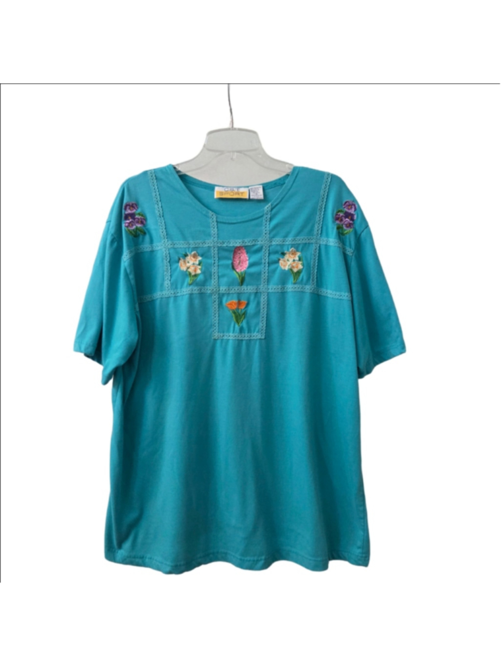C.S.T. Sport Vintage Y2K Embroidered Floral Teal T-Shirt 1X